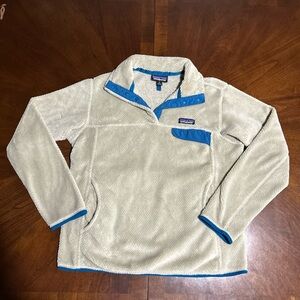 Patagonia Men's Cream Fleece Zip Pullover with Blue Trim